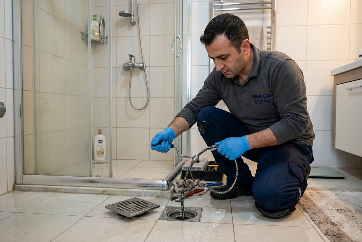 Duş gideri çevresinde ekipmanla yapılan kontrol